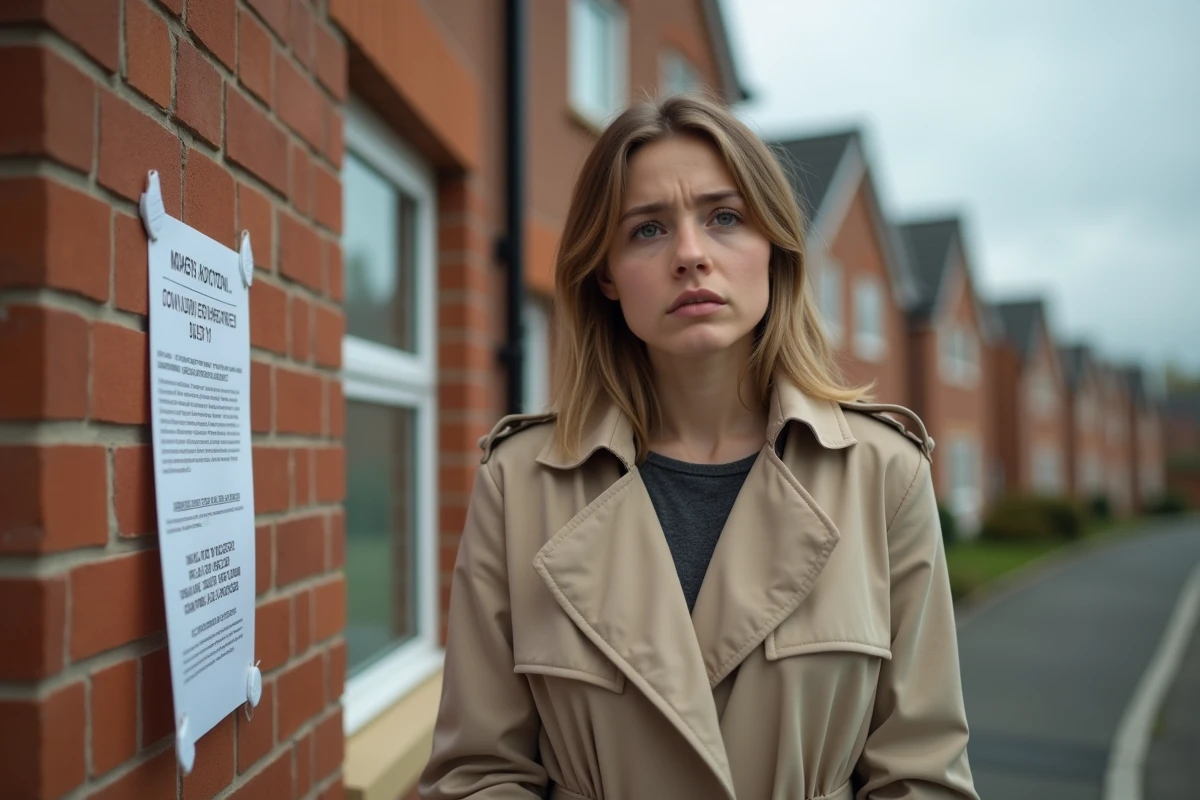 Jeune femme inquiète regardant une affiche devant une maison