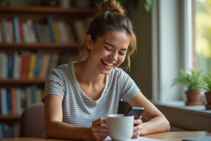 Femme hilare devant son téléphone lisant des statuts humoristiques Facebook à son bureau à domicile