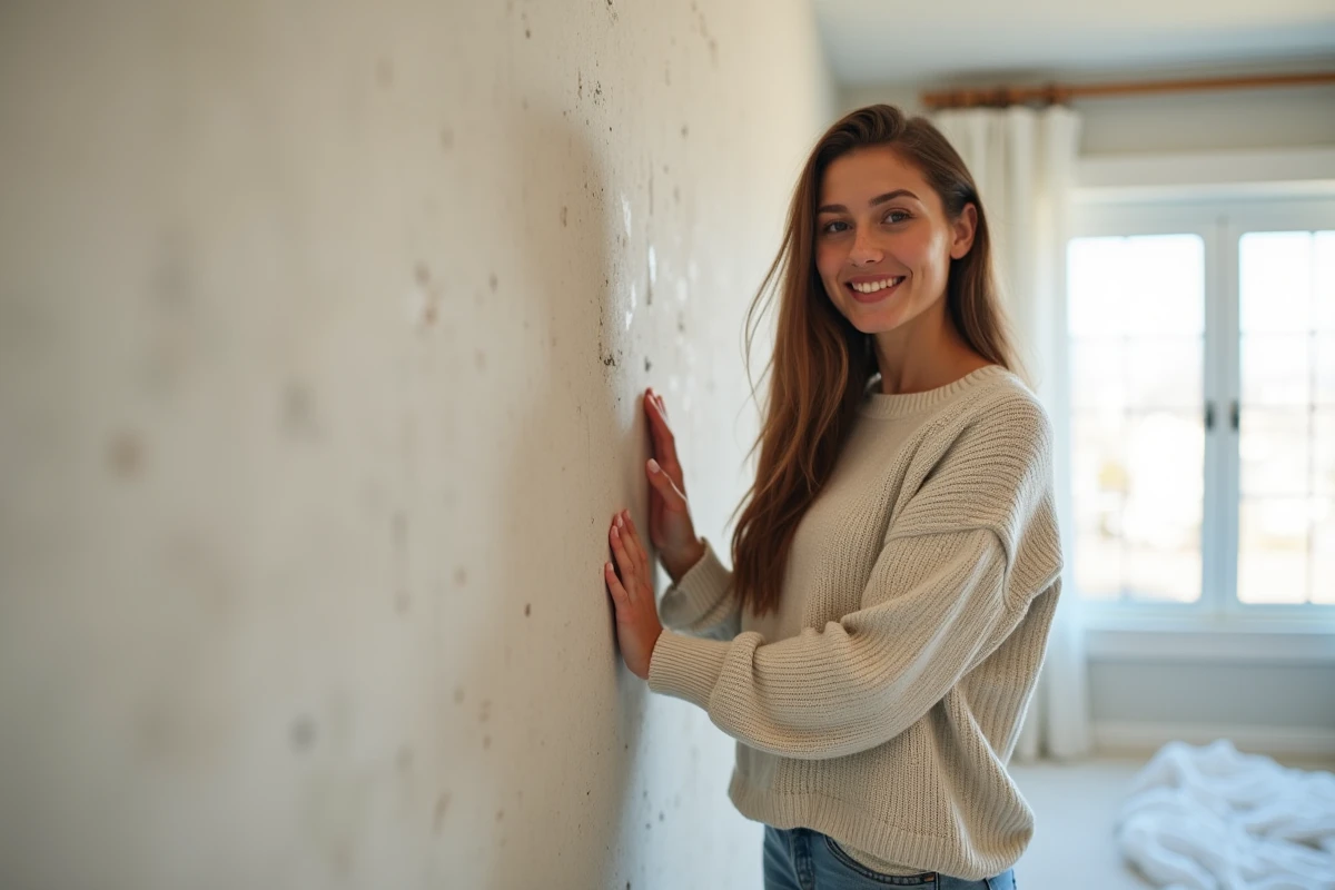 Jeune femme souriante devant un mur isolé moderne
