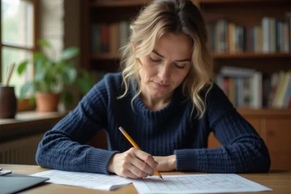 Femme concentrée résolvant une grille de sudoku à son bureau à domicile, illustrant un défi d'énigme pour QI supérieur à 100
