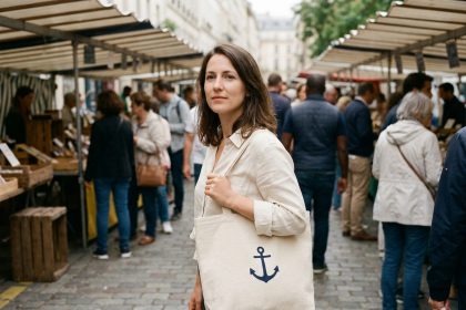 Femme portant un tote bag personnalisé avec logo de marque dans un marché urbain animé