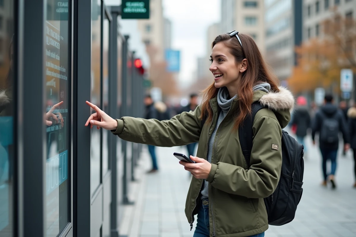 Jeune femme urbaine pointant un kiosque digital en ville
