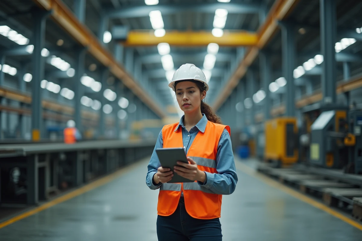 Jeune femme en uniforme industriel vérifiant une tablette