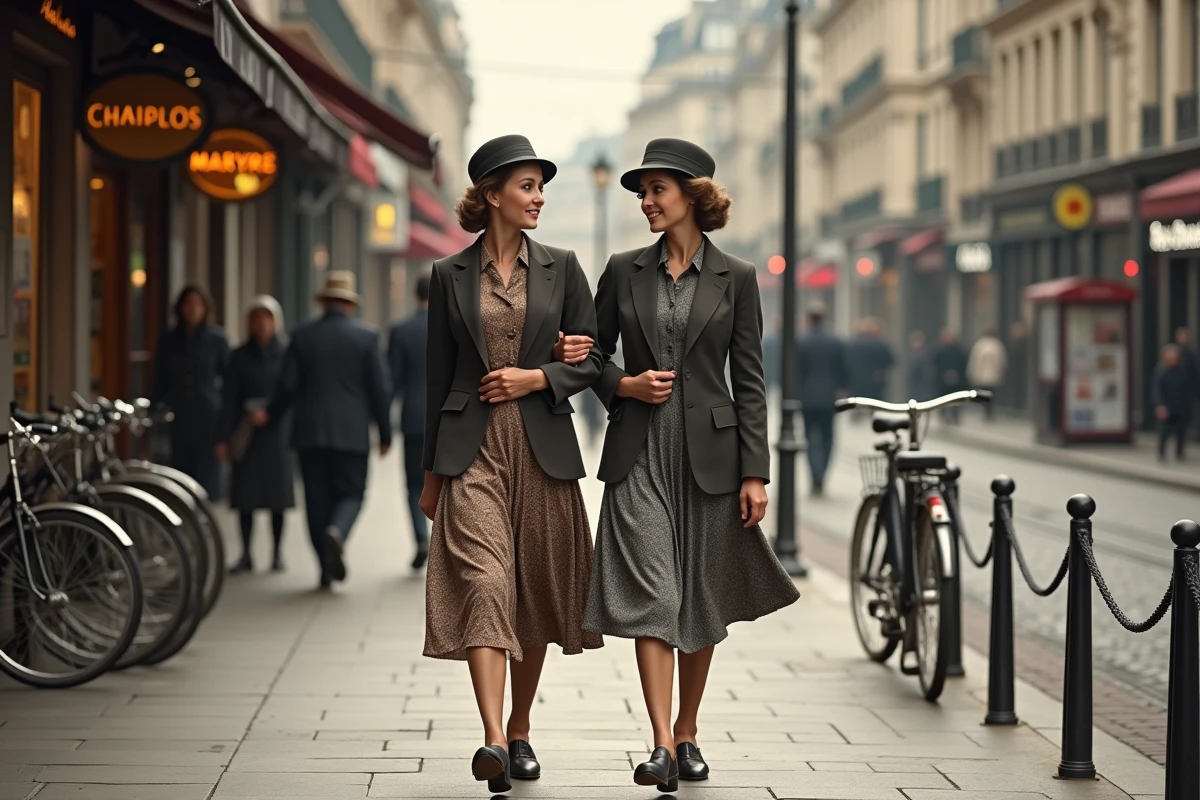 Deux jeunes femmes marchant dans une rue de Paris en 1940