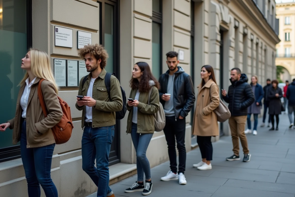 Groupe de personnes dans une file d attente urbaine en France