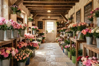 Intérieur d'une boutique de fleuriste artisanale dans l'Oise avec des bouquets colorés et des fleurs de saison