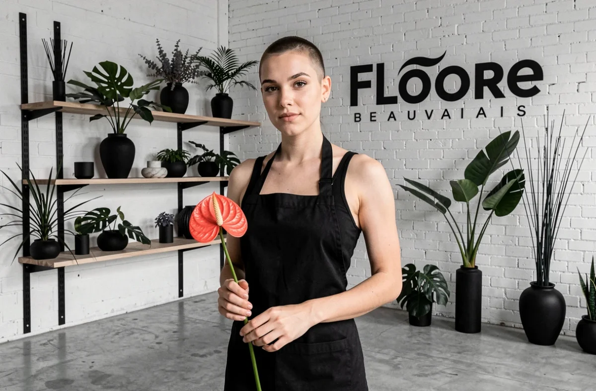 Fleuriste de Floore à Beauvais tenant une fleur d'anthurium dans un studio floral contemporain au design épuré