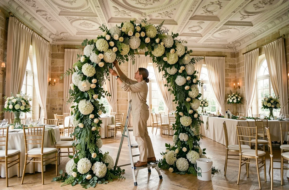Fleuriste événementiel Fontaine Fleurie installant une arche florale spectaculaire dans une salle de réception en pierre dans l'Oise
