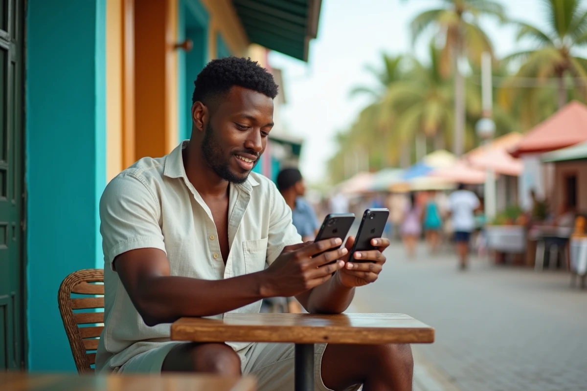 Jeune homme comparant les fuseaux horaires sur deux smartphones dans un café en plein air à Pointe-à-Pitre en Guadeloupe