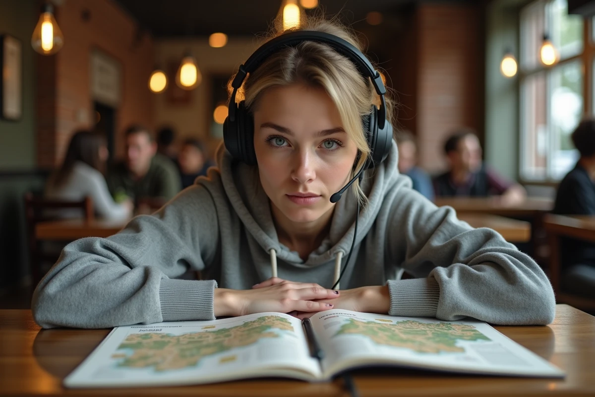 Gameuse analysant un guide imprimé pour la quête pharmacien dans ARC Raiders dans un café