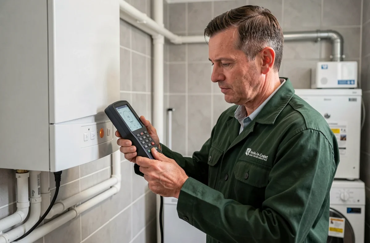 Technicien du Grand Plombier Chauffagiste analysant le rendement d'une chaudière à condensation à Vezin-le-Coquet