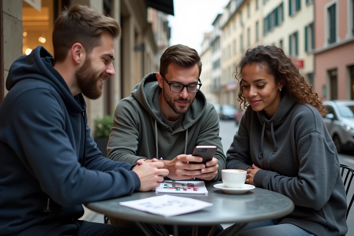 Groupe d'amis consultant un plan de salle sur smartphone en terrasse de café à Lyon pour préparer un concert