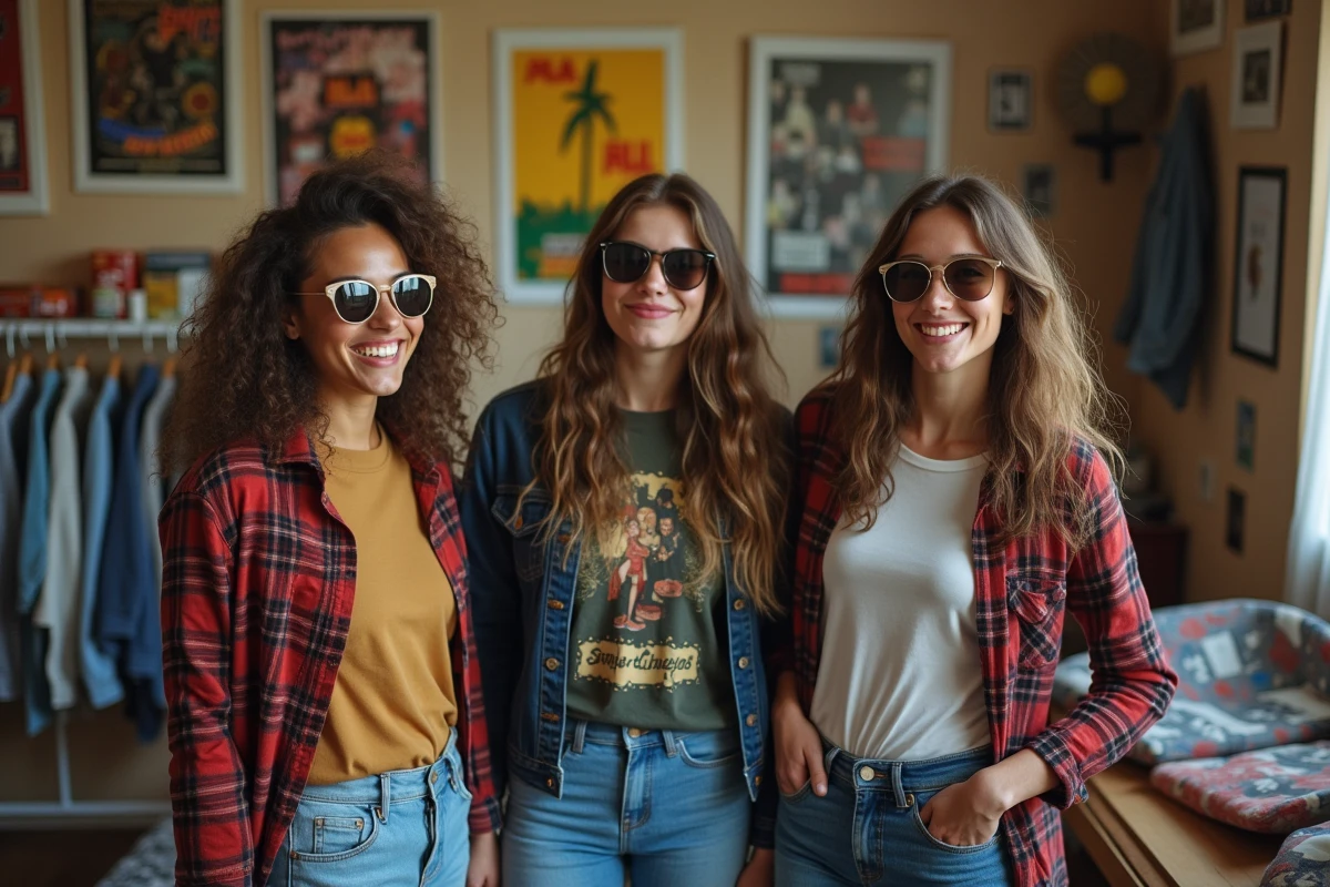 Trois amis dans une chambre rétro en flanelle et jeans