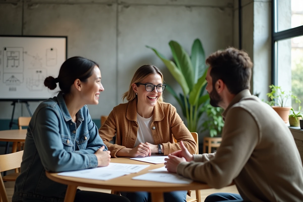 Groupe de professionnels en atelier de conscientisation et développement personnel, échangeant autour d'une table dans un espace de travail moderne