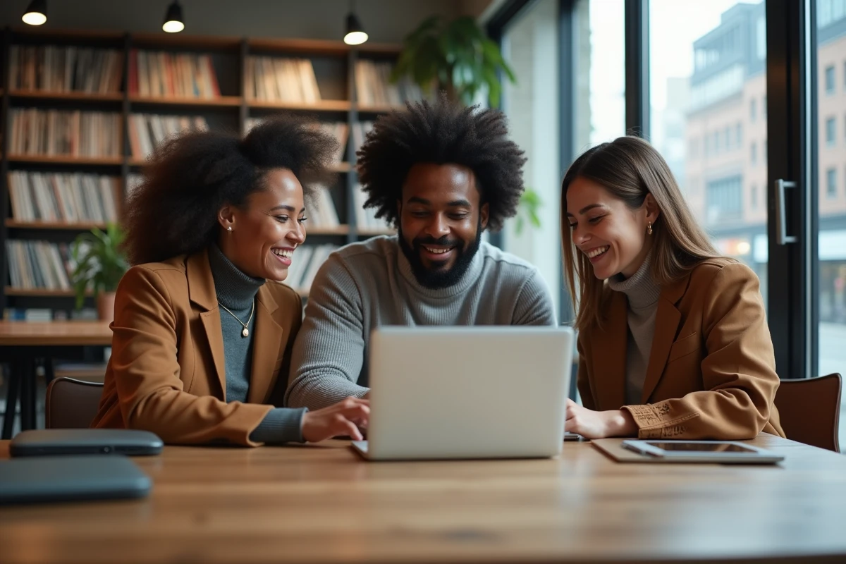 Groupe de chanteurs adultes comparant des profils de musiciens sur un site de catalogue musical dans un bureau moderne