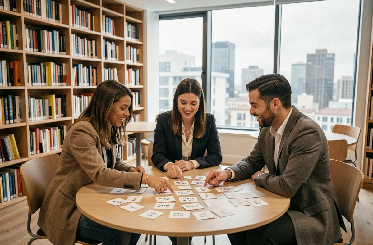 Groupe d'adultes discutant de devinettes logiques autour d'une table dans une bibliothèque moderne