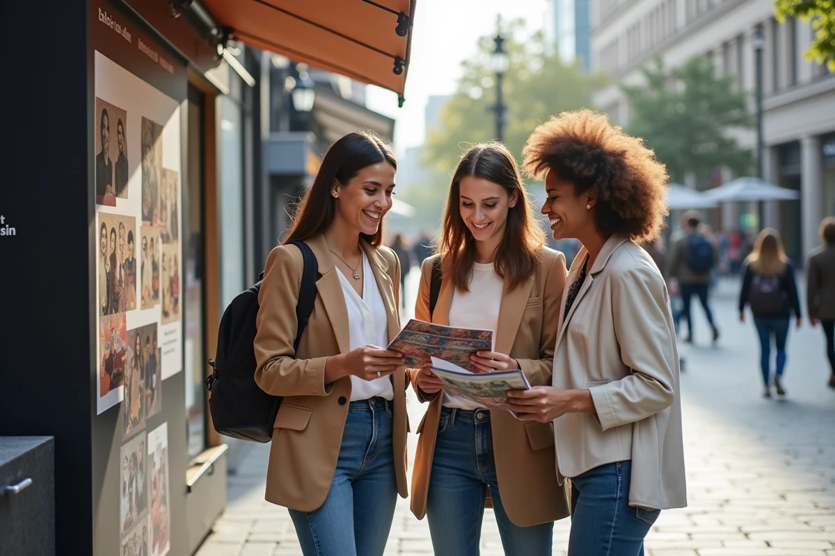 Groupe de jeunes discutant devant un stand publicitaire en ville