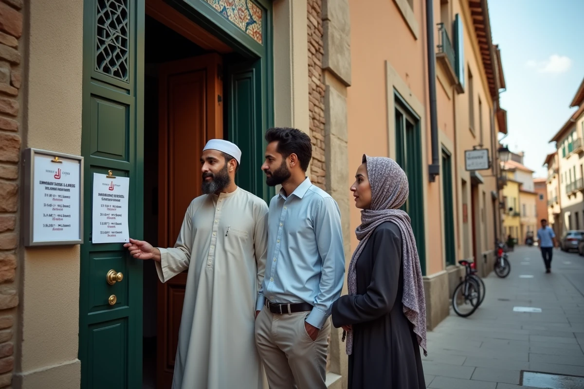 Groupe de fidèles consultant les horaires de prière du ramadan 2026 affichés à l'entrée d'une mosquée de Toulouse