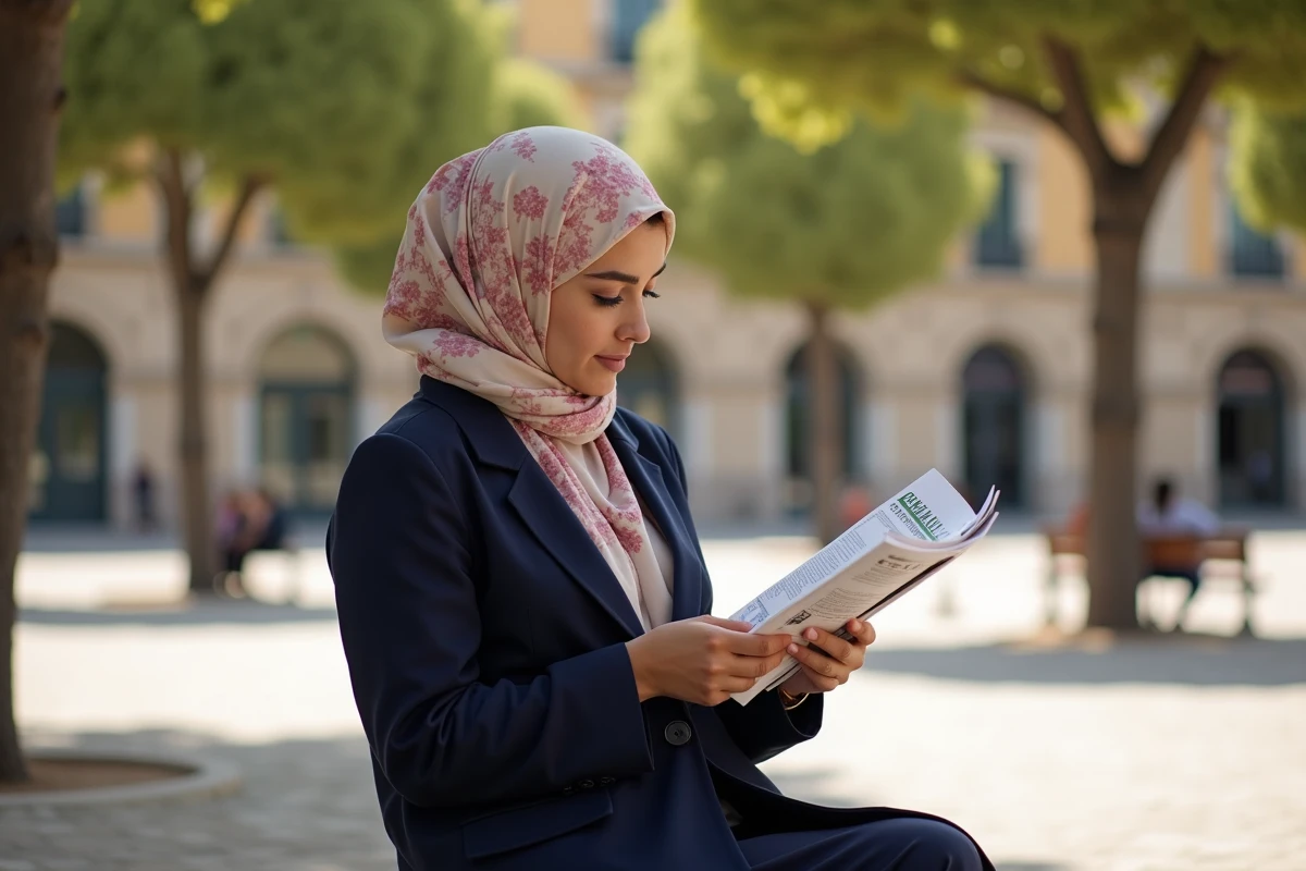 Femme consultant un guide des mosquées et horaires de prière dans une place publique de Marseille