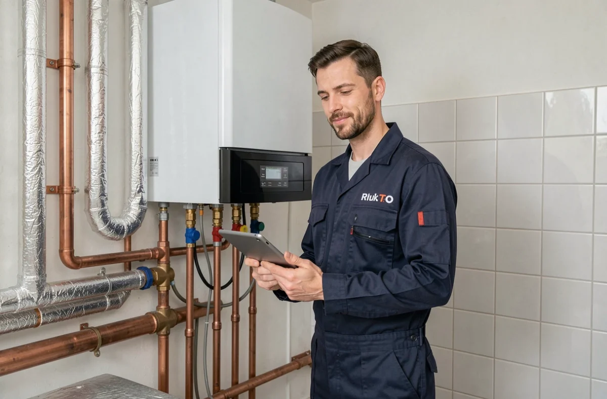 Technicien plombier chauffagiste d'Habitat Energies 35 inspectant une chaudière dans une maison résidentielle en Ille-et-Vilaine