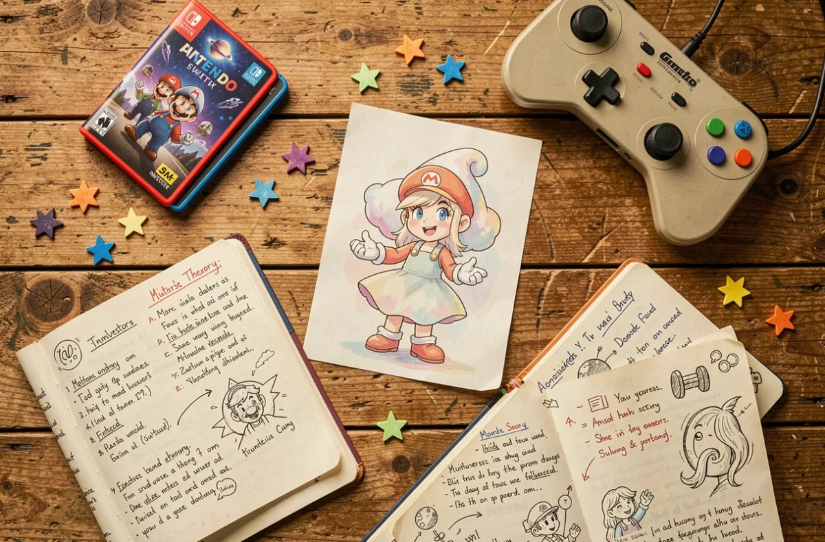 Flat lay éditorial avec cartouches Nintendo Switch, croquis du personnage Harmonie et notes sur le multivers Mario sur une table en chêne