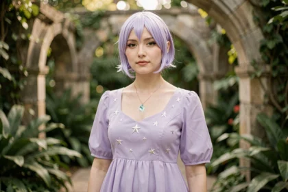 Cosplayeuse incarnant Harmonie du multivers Mario dans un jardin botanique, robe lavande brodée d'étoiles et pendentif lumineux