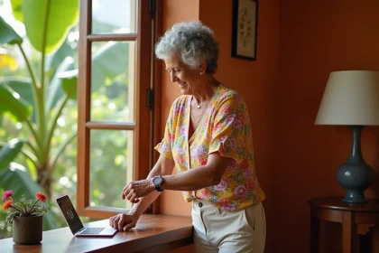 Femme guadeloupéenne vérifiant l'heure sur sa montre analogique près d'une fenêtre tropicale à la Guadeloupe
