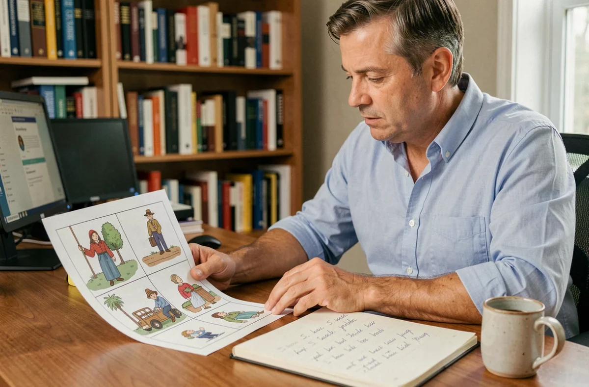 Homme résolvant un puzzle 4 Images 1 Mot sur papier dans un bureau, mots de 5 lettres notés dans un carnet