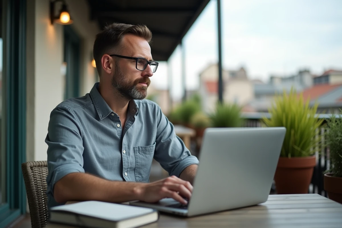 Homme méditant sur un balcon urbain en travaillant