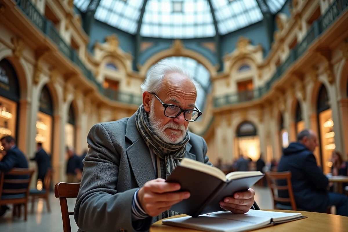 Homme âgé lisant un guide dans un café parisien