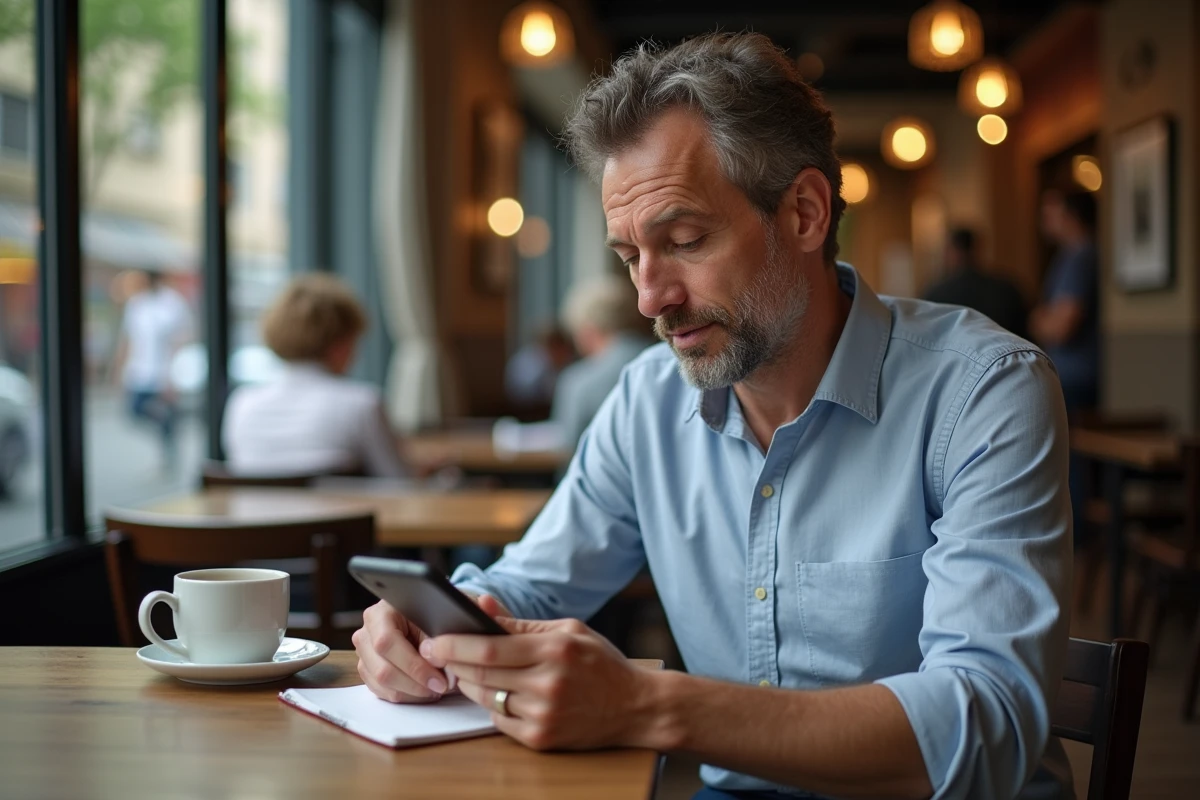 Homme au café utilisant une application de traduction sur smartphone