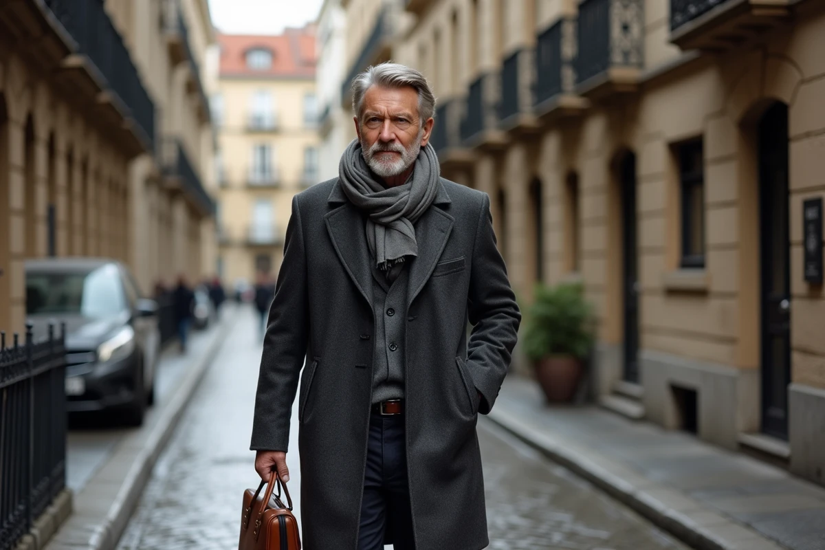 Homme en manteau et écharpe marchant dans rue pavée historique