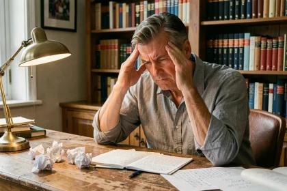 Homme concentré créant une devinette logique difficile à son bureau encombré de notes