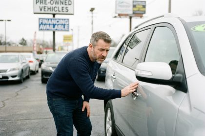 Homme évaluant une voiture familiale d'occasion dans un parking de concessionnaire