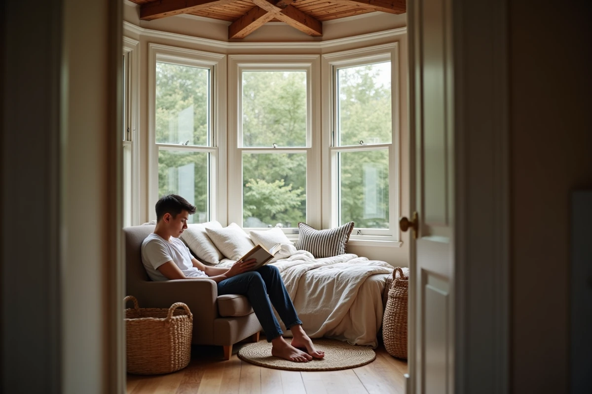 Homme lisant tranquillement dans un fauteuil près de la fenêtre