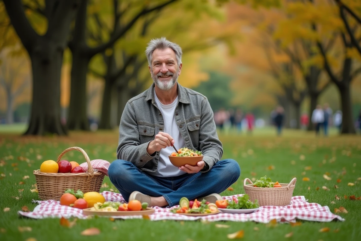 Homme dégustant une salade dans un parc en plein air