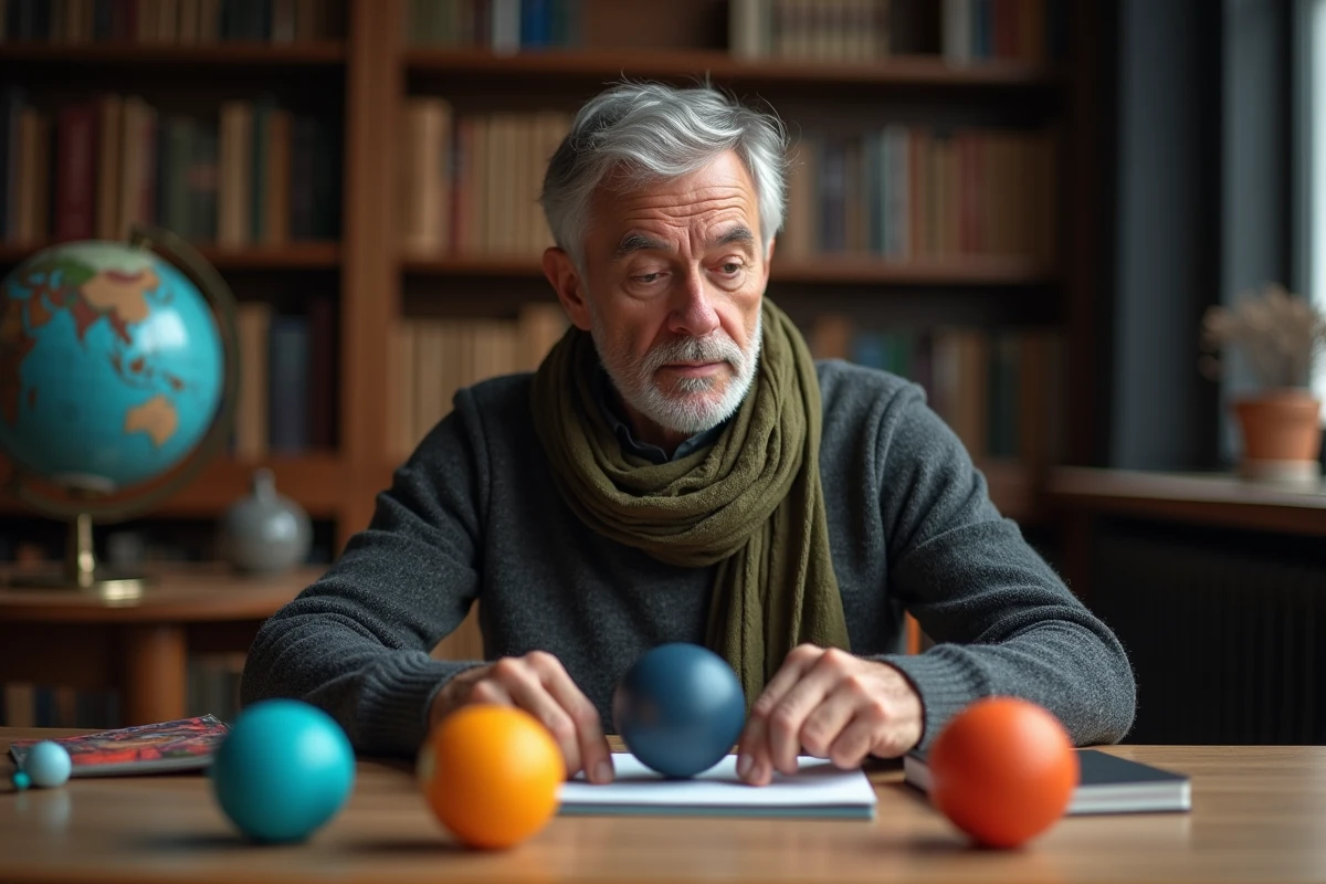 Homme assemble des models orbitaux en bibliothèque