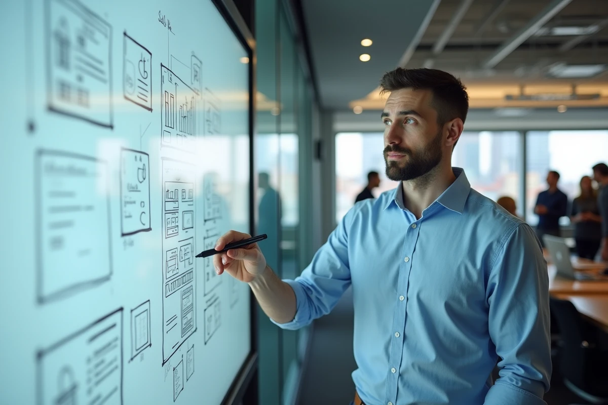 Homme expliquant un projet devant un tableau blanc interactif