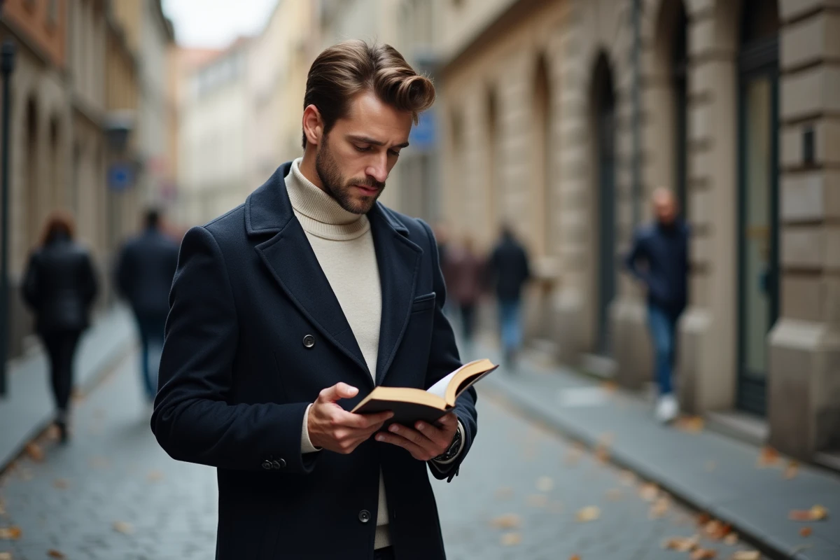 Homme en pleine prise de conscience personnelle écrivant dans un journal en plein air, dans une rue urbaine en automne