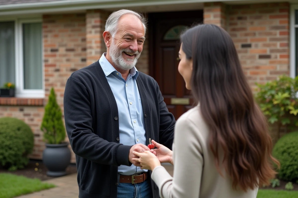Homme donnant des clés à un jeune couple devant une maison