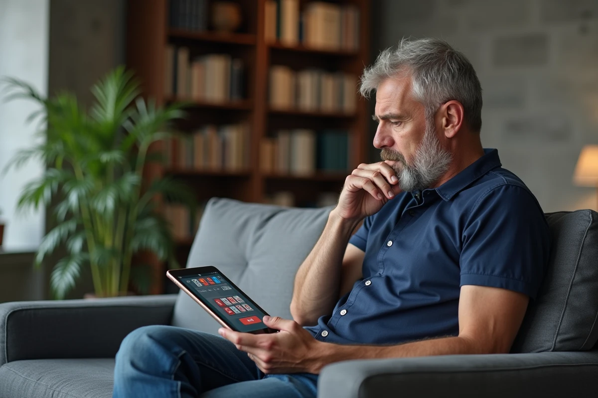 Homme concentré résolvant une énigme 4 images 1 mot 9 lettres sur tablette