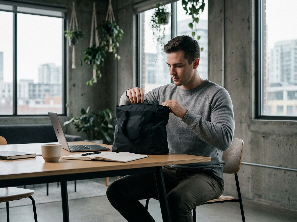 Homme avec sac de marque personnalisé dans un espace de coworking moderne et créatif