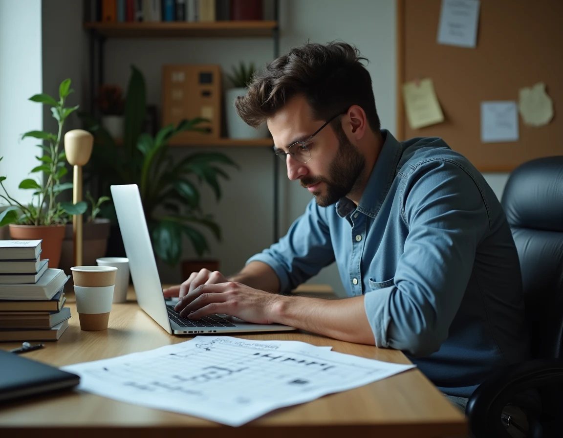 Homme utilisant un solver de mots en ligne sur ordinateur portable avec une grille de mots croisés annotée sur son bureau