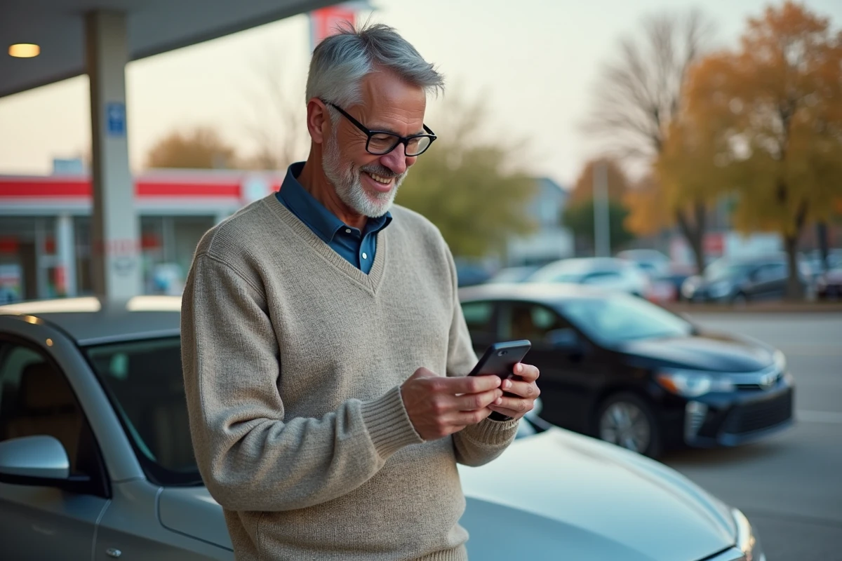 Homme souriant vérifie une application de covoiturage à la station essence