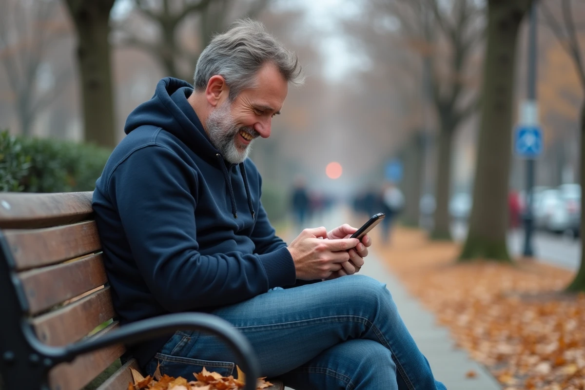 Homme souriant dans un parc en regardant des blagues sur Facebook depuis son smartphone en automne