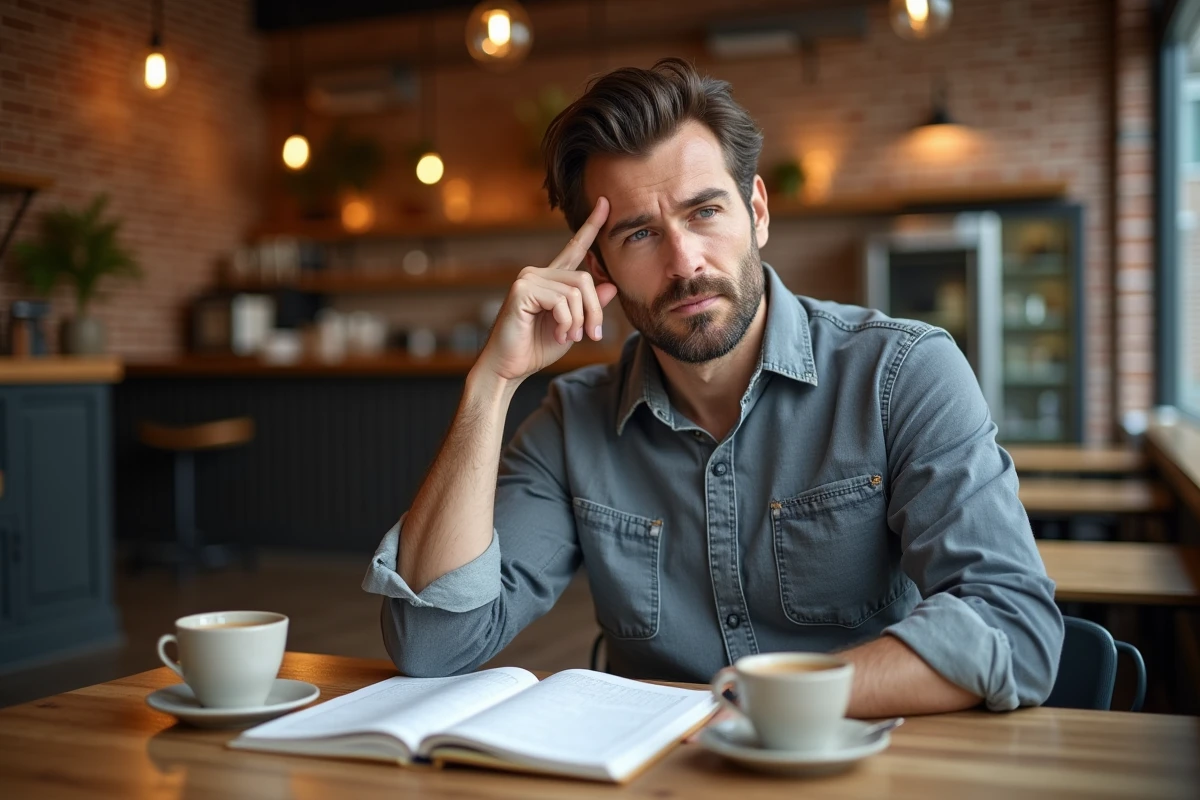 Homme pensif résolvant un puzzle de sudoku dans un café urbain, symbolisant un challenge intellectuel pour les QI élevés