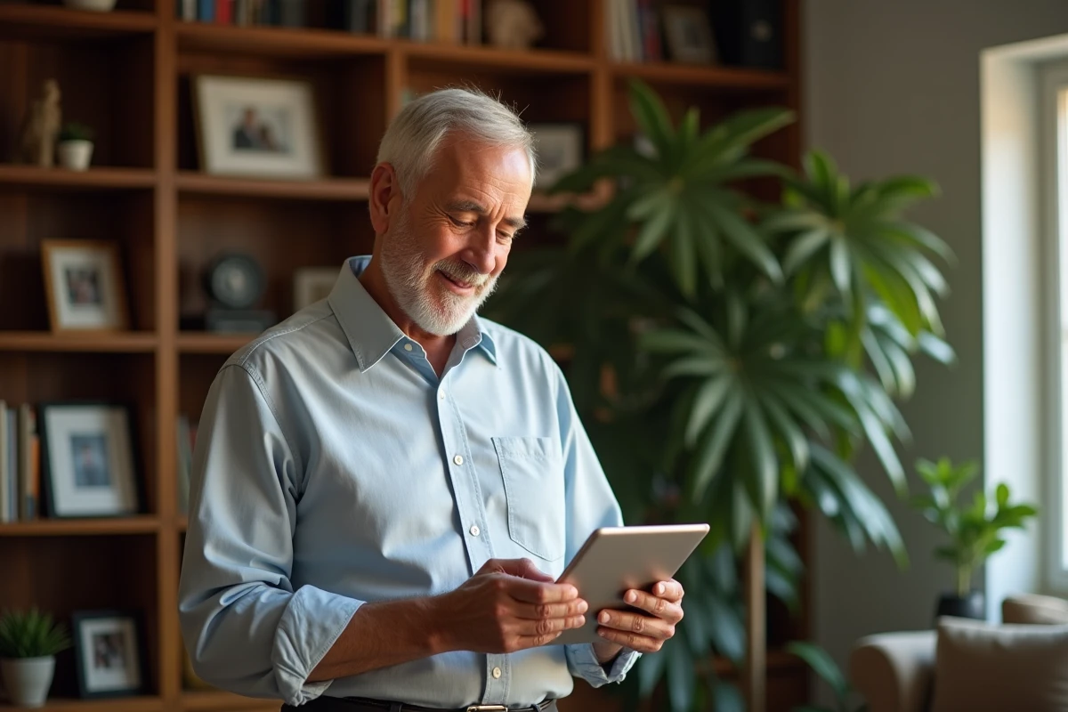 Homme âgé utilisant une tablette dans son bureau