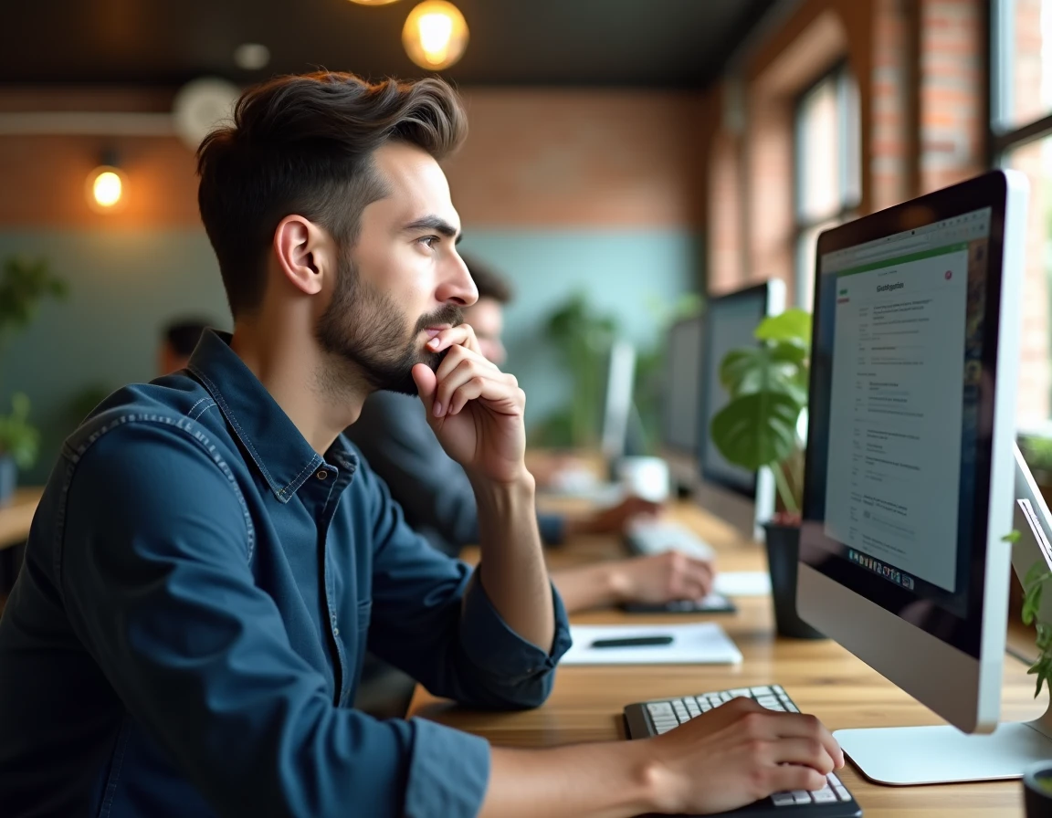 Homme utilisant une plateforme d'informations en ligne dans un espace de coworking moderne