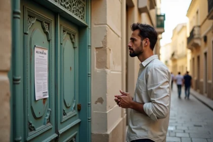 Homme consultant les horaires de prière affichés à l'entrée d'une mosquée du quartier Noailles à Marseille