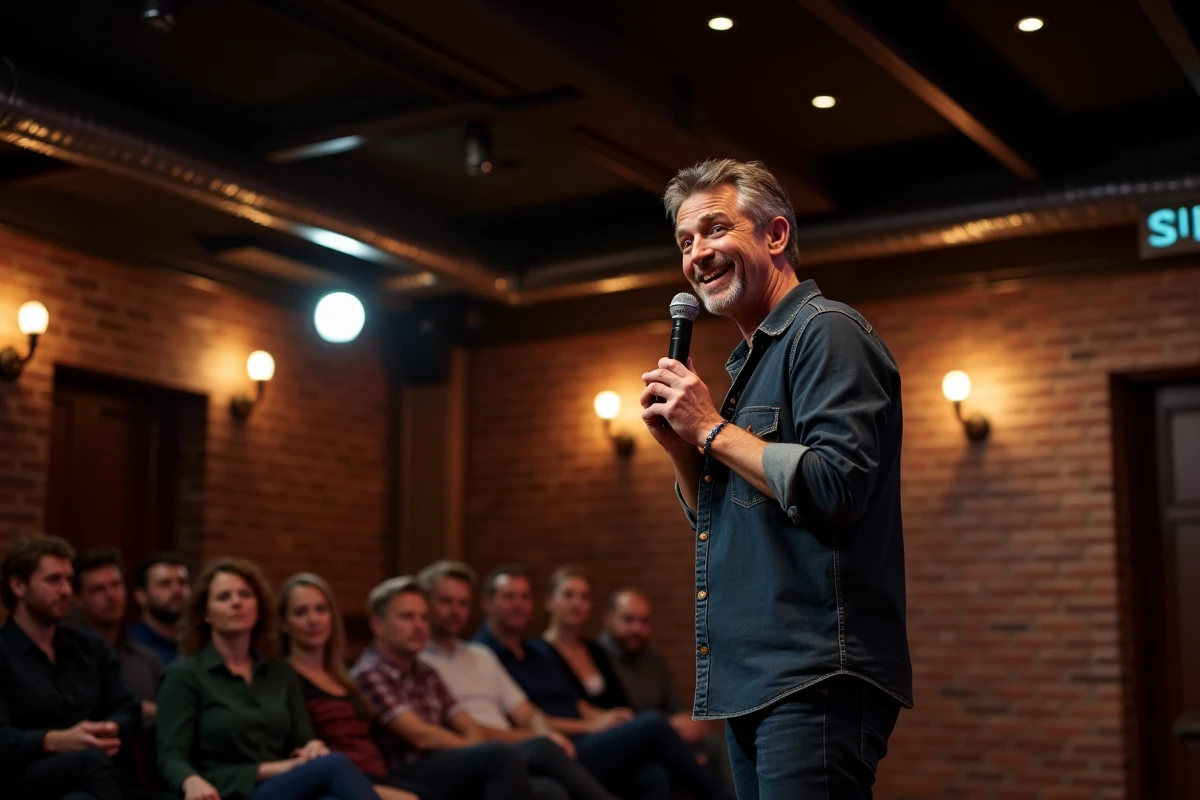 Humoriste masculin sur scène dans un comedy club avec un public adulte en arrière-plan
